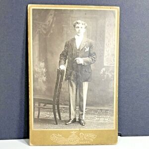 Victorian Antique Cabinet Card Portrait Young Man Suit Holding Cigar , Chicago .